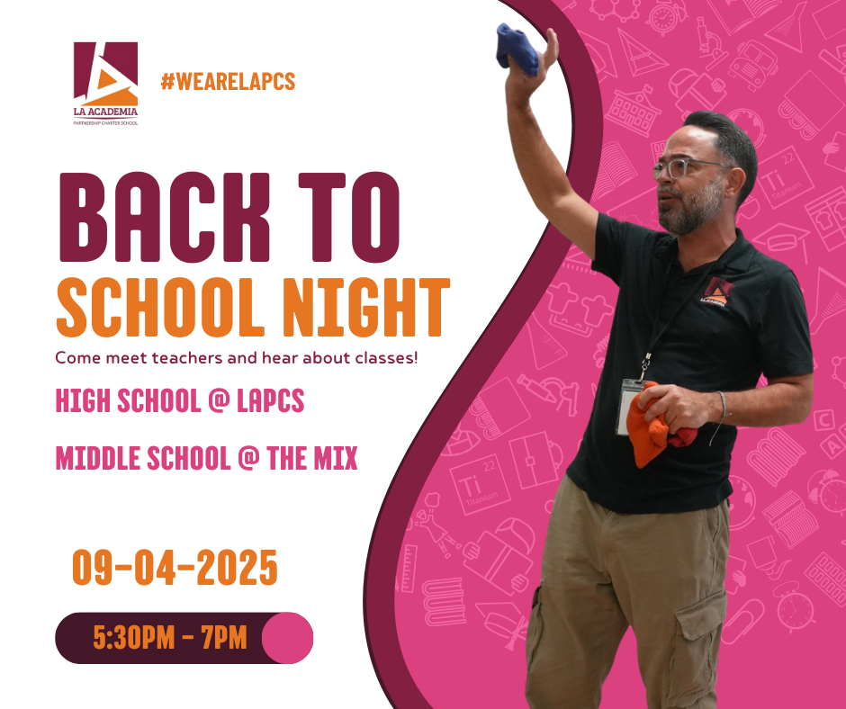 Open House Tonight!  We’re so excited to welcome our families into the building this evening for Open House! This special night is all about connection — a chance to meet our amazing teachers, learn more about what students are diving into this semester, and celebrate the start of a great school year together.  📍 Middle School: The Mix 📍 High School: La Academia (Main Campus) 🕠 Doors Open: 5:30 PM – 7:00 PM  We can’t wait to see our families, share the wonderful things happening at LAPCS, and spend time together as a community.  Will we see you tonight? Drop a ❤️ in the comments if you’re coming!  #LAPCS #OpenHouse #CommunityStrong #FamilyFirst #WeAreLAPCS