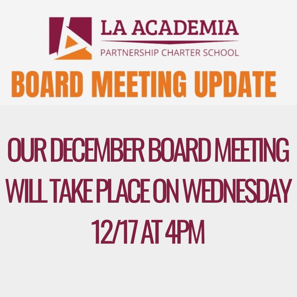 📣 Board Meeting Notice 📣 Our December Board Meeting will take place on Wednesday, December 17th at 4:00 PM. We welcome families & staff to stay informed about the important work happening at LAPCS. #WeAreLAPCS #BoardMeeting #CommunityEngagement