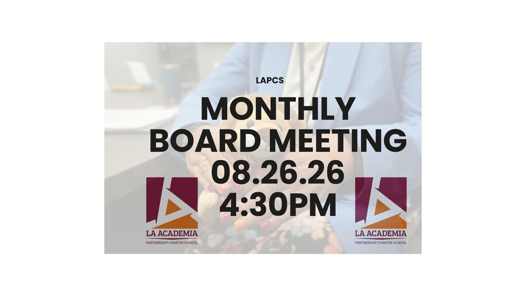 Reminder: Our Monthly Board Meeting Is Tomorrow!  Our monthly Board Meeting will take place tomorrow at 4:30 PM.  Stay informed and engaged.   Feel free to join us in person or virtually at the link below:  https://nam04.safelinks.protection.outlook.com/ap/t-59584e83/?url=https%3A%2F%2Fteams.microsoft.com%2Fmeet%2F254476169124431%3Fp%3D94Xn5CRZb879kVFTud&data=05%7C02%7Cpgross%40lapcs.org%7C6c5e36862fc24ed11cb208df02e2692c%7Cd94079f0715f487eaefbbd47b5d9d216%7C0%7C0%7C639232843724278238%7CUnknown%7CTWFpbGZsb3d8eyJFbXB0eU1hcGkiOnRydWUsIlYiOiIwLjAuMDAwMCIsIlAiOiJXaW4zMiIsIkFOIjoiTWFpbCIsIldUIjoyfQ%3D%3D%7C0%7C%7C%7C&sdata=mmgo1xP2b%2Fnqs%2BSbrI5MLqr07mquVHe2ofoFeOvvm6A%3D&reserved=0  Thank you for staying connected with LAPCS and being an active part of our school community.