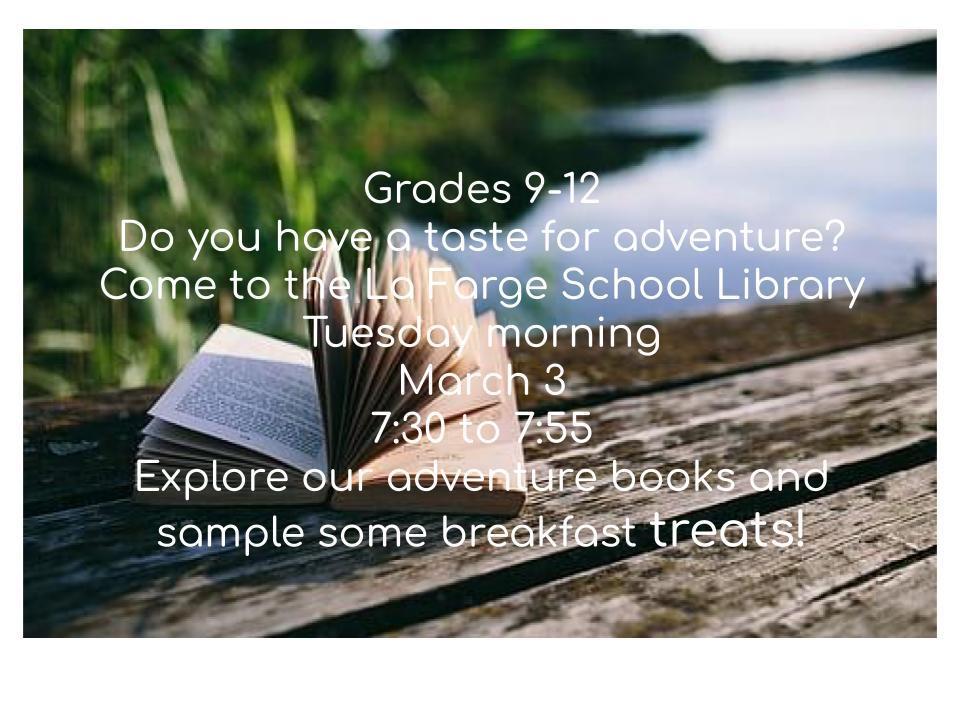 Grades 9-12 books and treats 3/3 from 7:30 to 7:55 a.m.