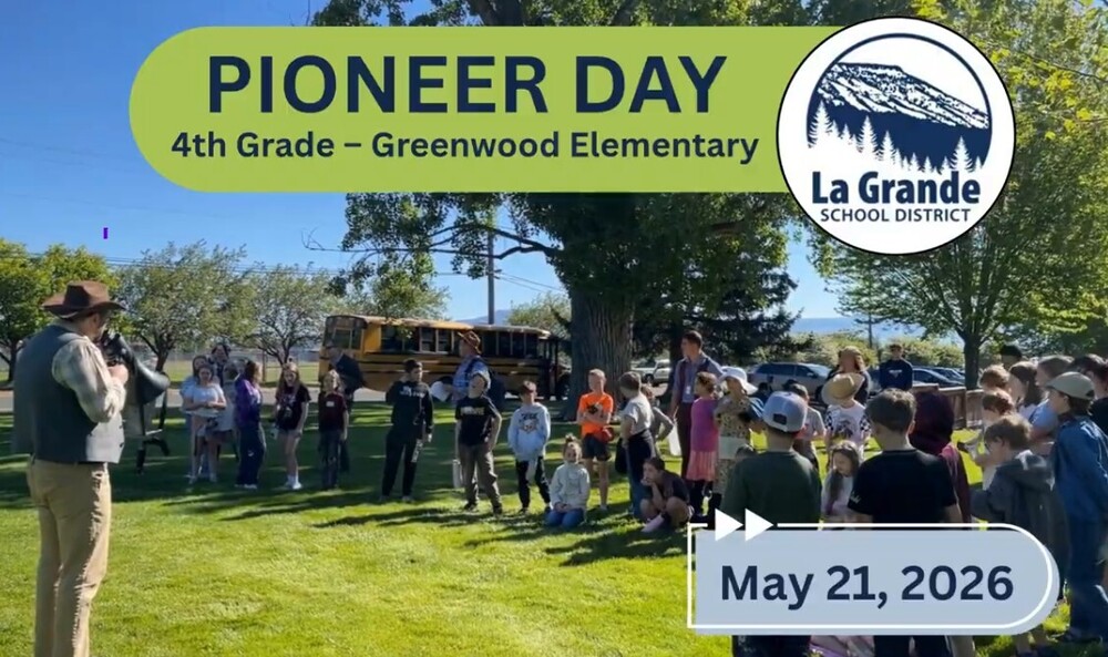 photo of students at bernie park with a school bus in the background and an adult with a mega phone in foreground. Text states: Pioneer Day 4th Grade Greenwood Elementary with LGSD logo and May 21, 2026