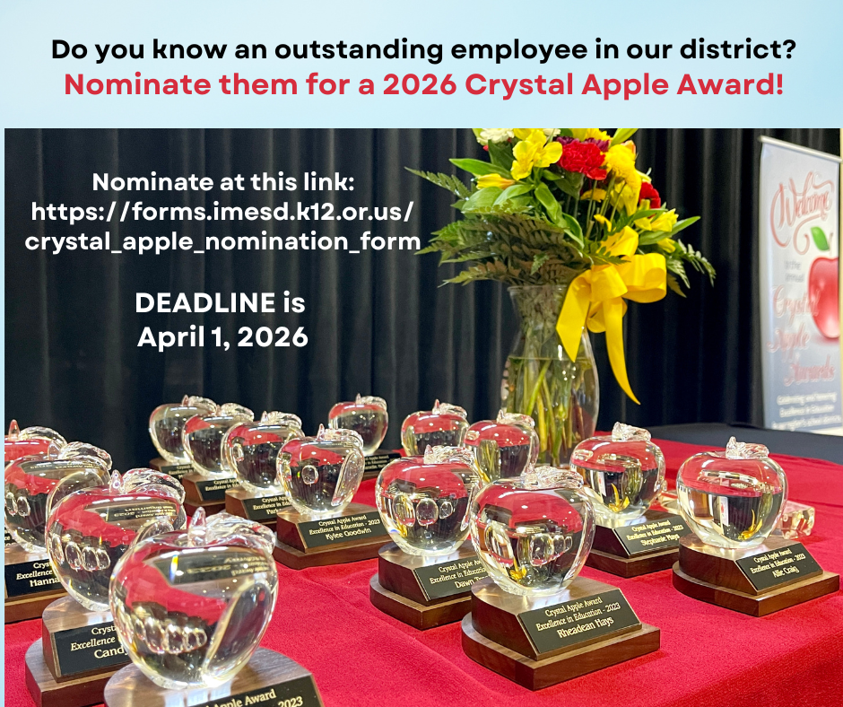 photo of crystal apple awards on a red table. Text about how to nominate