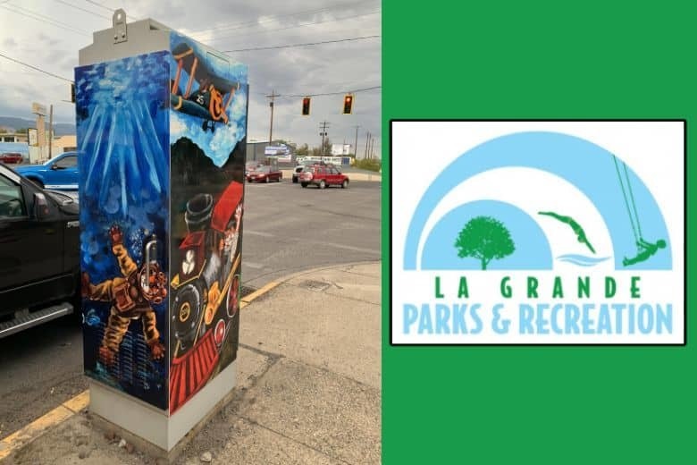 image of Art on signal box and La Grande Parks & Recs logo