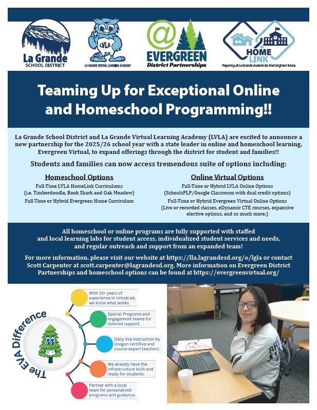 teaming up for exceptional Online and homeschool programming. IMages of LGSD, LVLA, Evergreen adn HomeLink logos with data about offerings and a photo of a student at a laptop