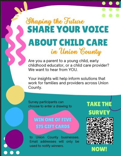 shaping the future with text about the union county childcare survey with bright colors and shapes