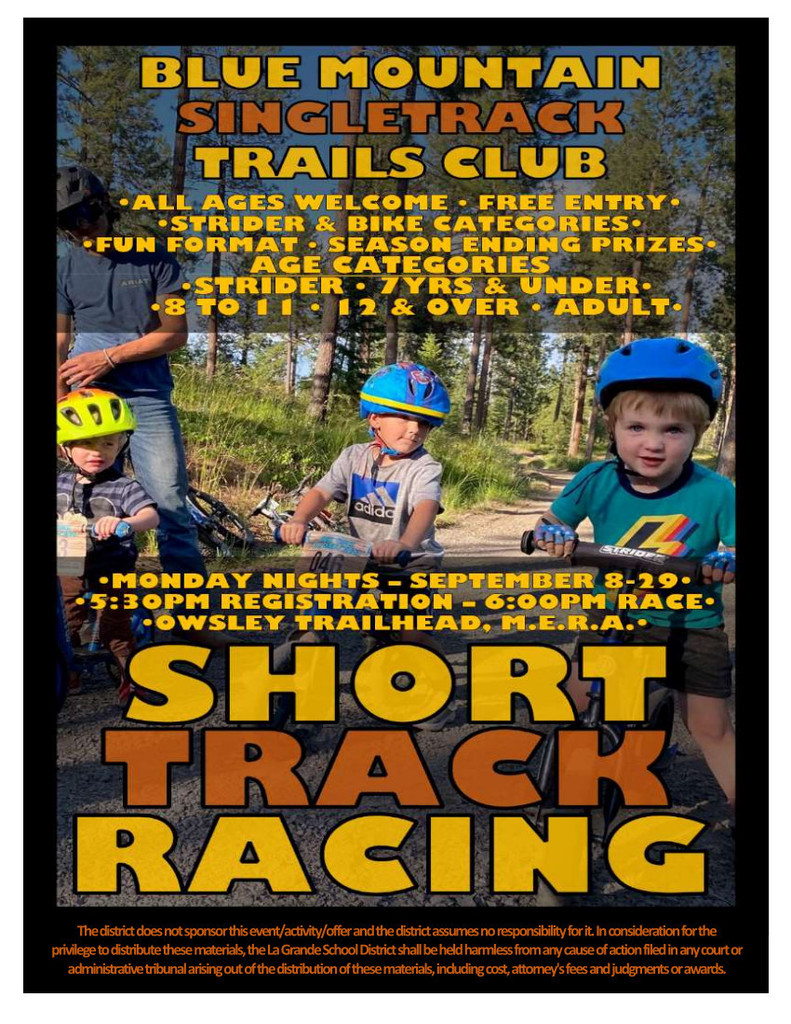 Short Track Flyer - 8 info on upcoming race with photo of kids on bikes