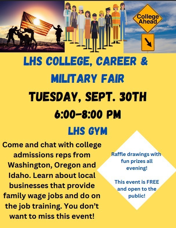 text on LHS college and career fair with photos of military, career people and a sign saying college ahead