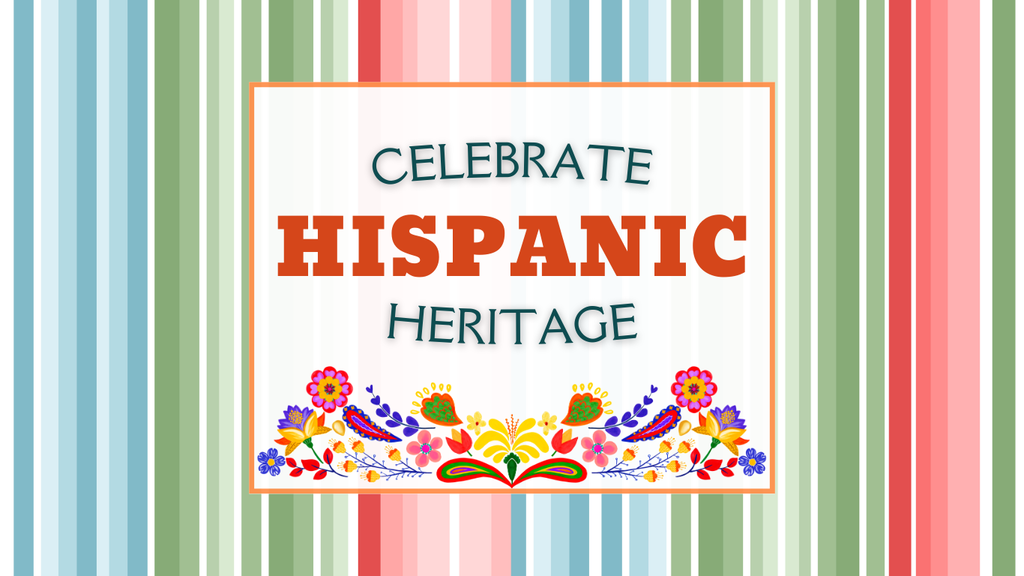 Hispanic Heritage Month text with colorful stripes and flowers