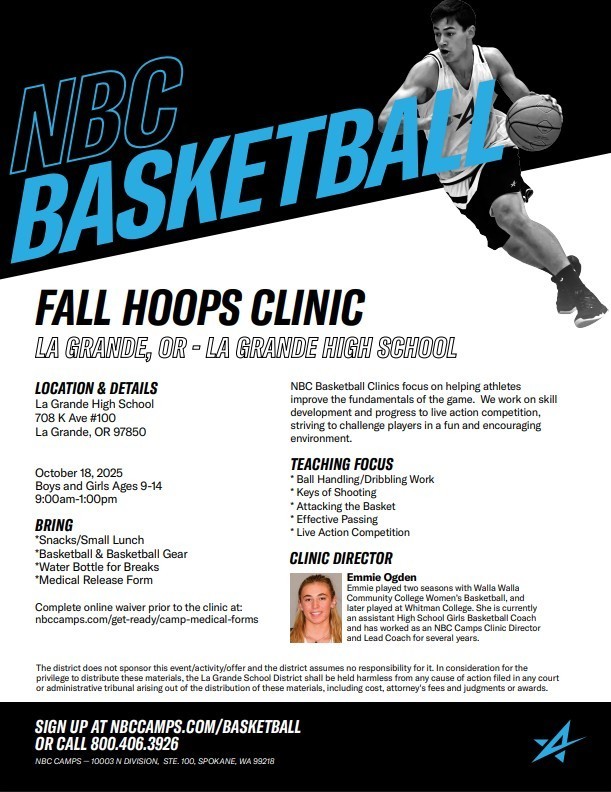 NBC Basketball info about fall clinic, image of basketball player and photo of clinic director