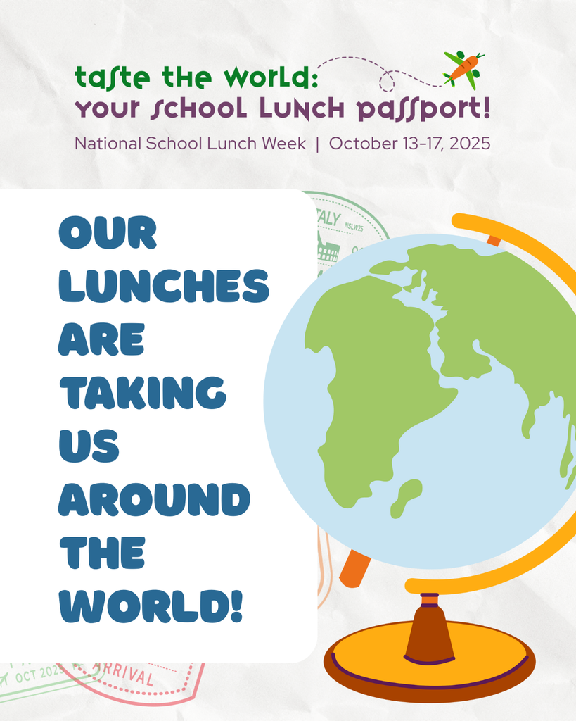 School Lunch Week text with cartoon image of an airplane and globe