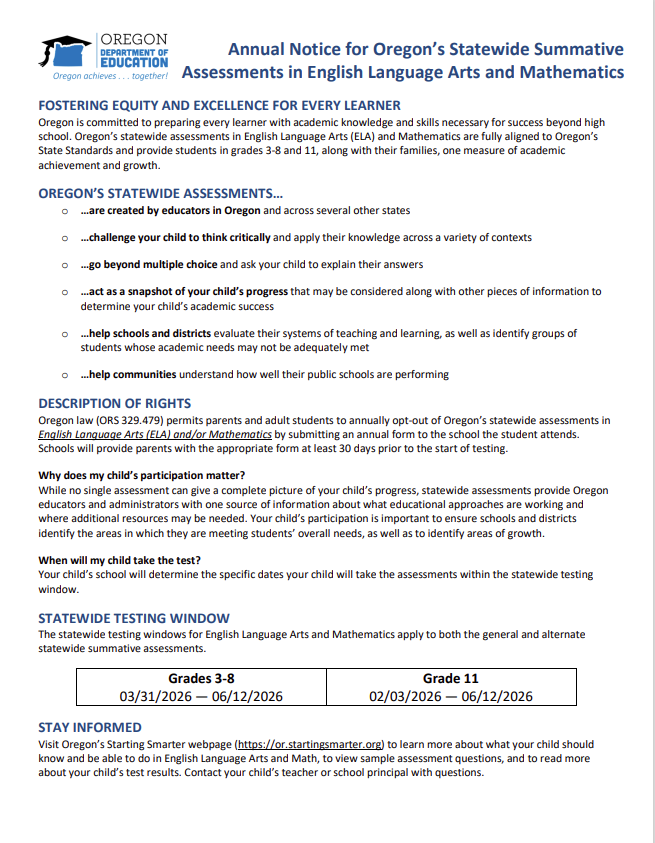 Notice for Statewide Testing