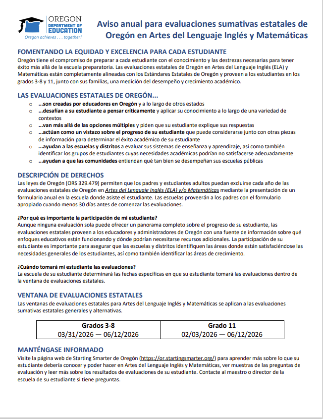 Notice for Statewide Testing