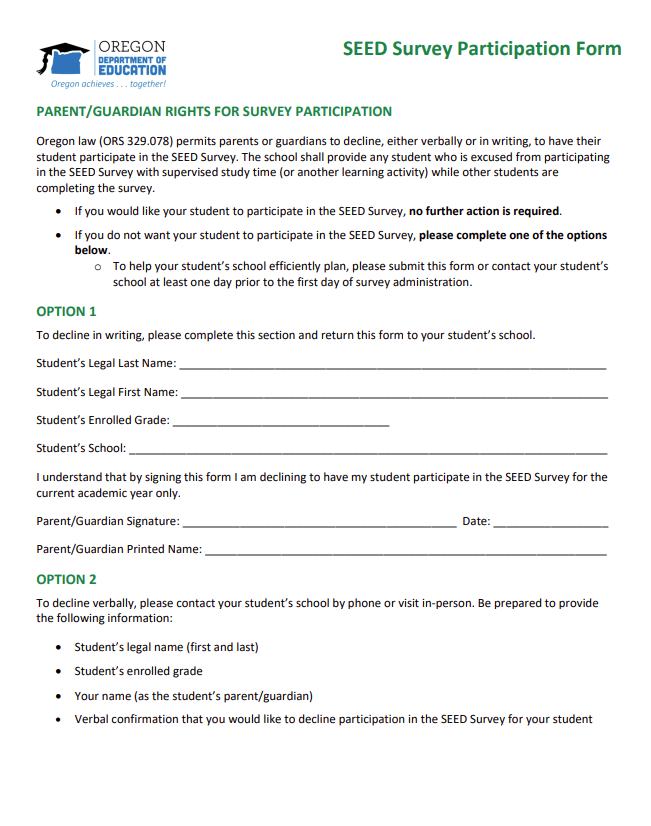Annual Notice for Oregon’s Student Educational Equity Development (SEED) Survey