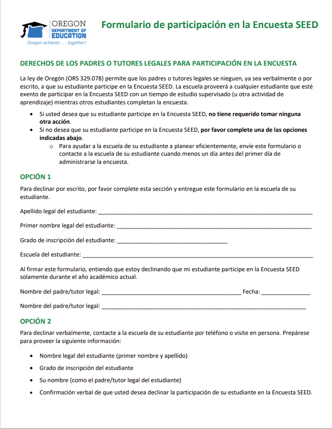 Annual Notice for Oregon’s Student Educational Equity Development (SEED) Survey
