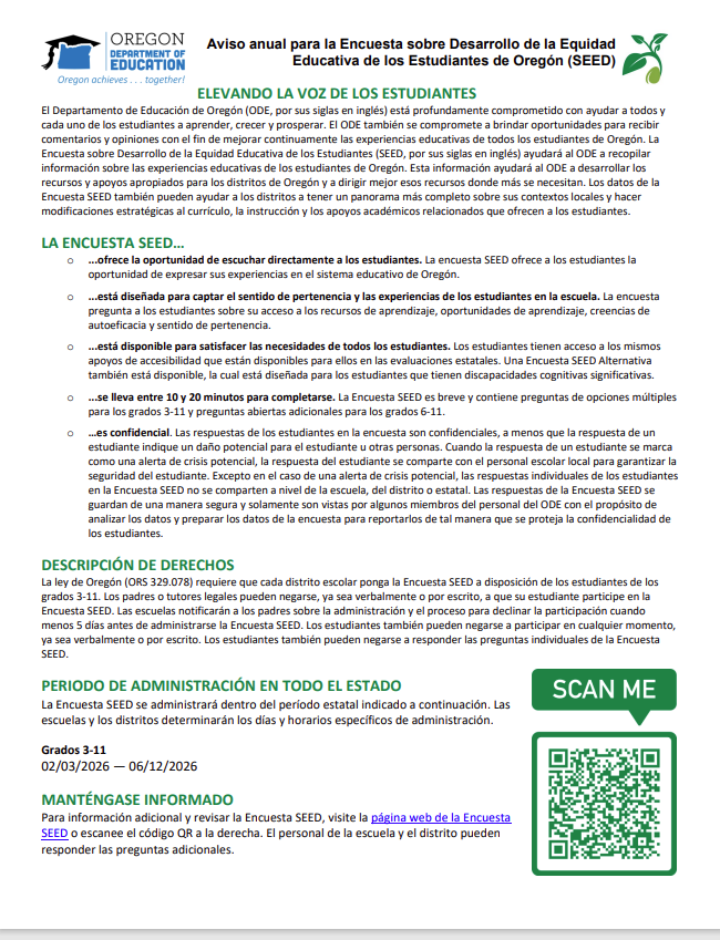 Annual Notice for Oregon’s Student Educational Equity Development (SEED) Survey