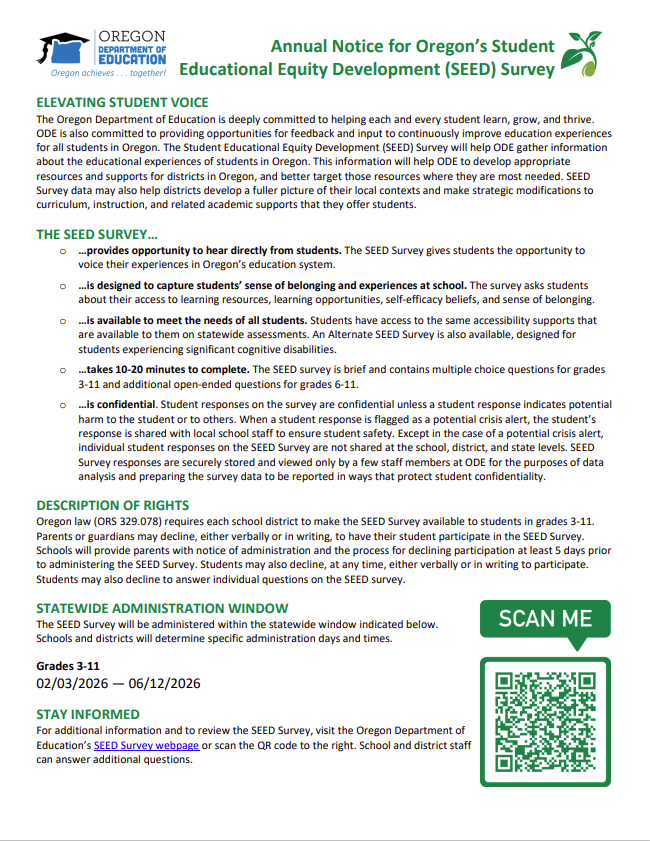 Annual Notice for Oregon’s Student Educational Equity Development (SEED) Survey