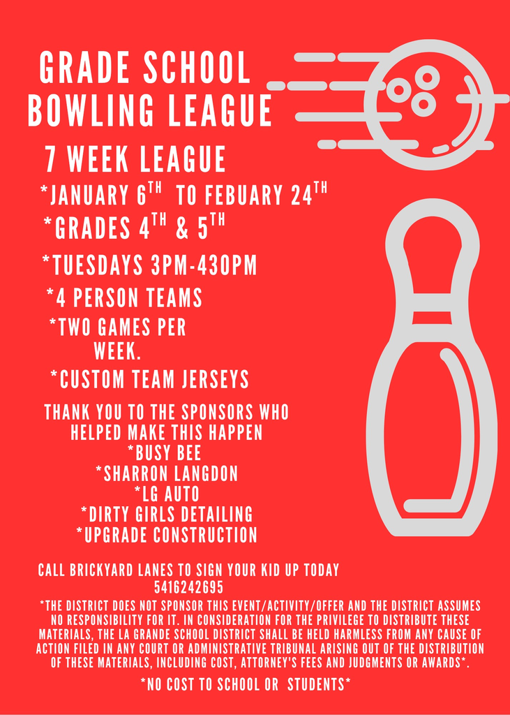 grade school bowling league flyer with a bowling ball and bowling pin and text about the league