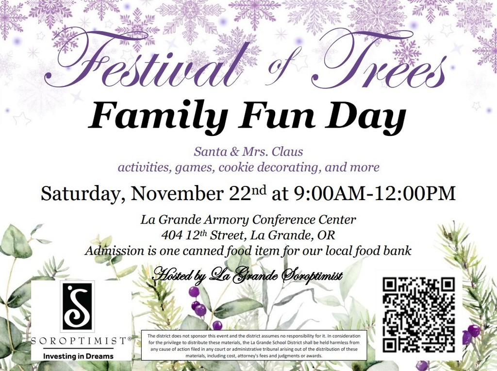 Festival of Trees family fun day with purple snowflakes and evergreen plants in the background