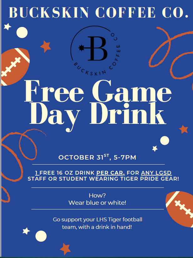flyer on free drink for game day. Blue background and footballs