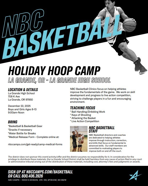 athlete paying basketball and text about NBC Basketball Holiday Hoop Camp