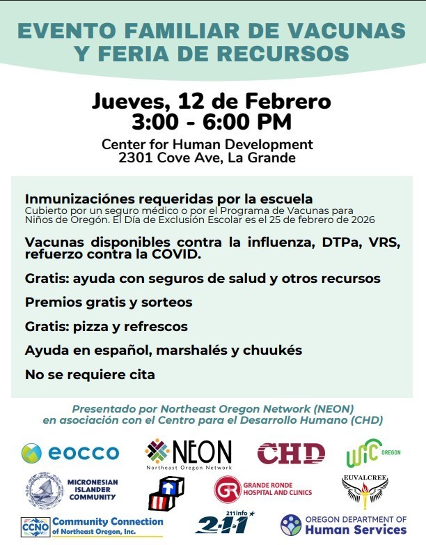text about family vaccine event with logos of supporting entities in spanish