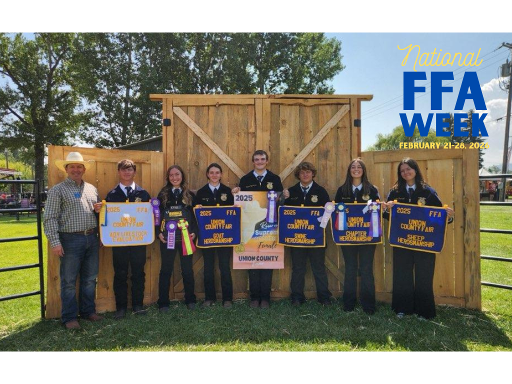 National FFA Week text with photo of FFA members with awards at the fair