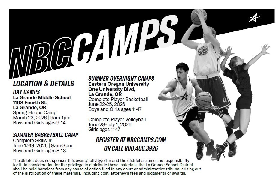 NBC Camp info with photo of two students playing basketball and one playing volleyball