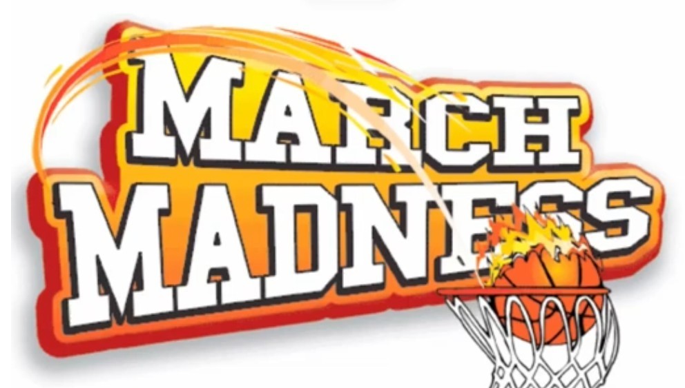 march madness text with a basketball hoop and basketball on fire
