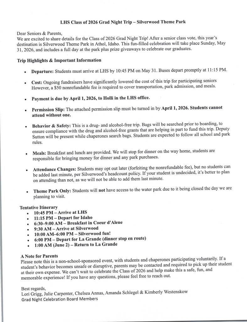 senior trip parent letter