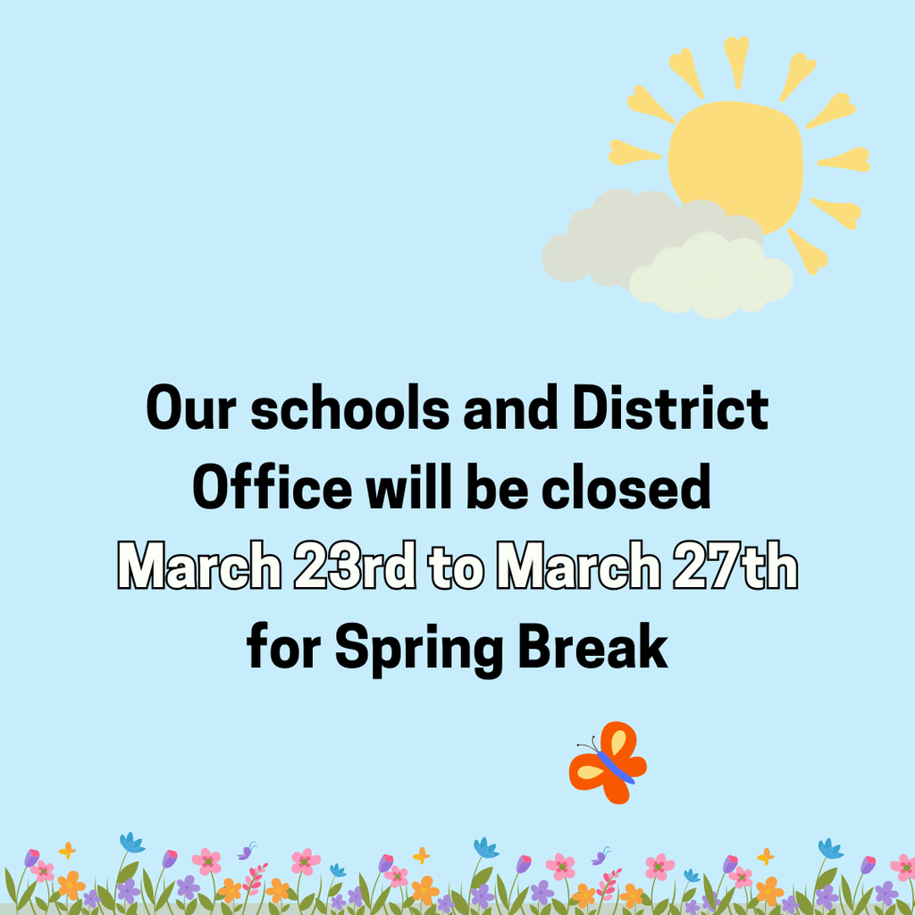 Spring Break message with a sun, grass and flowers on a blue background