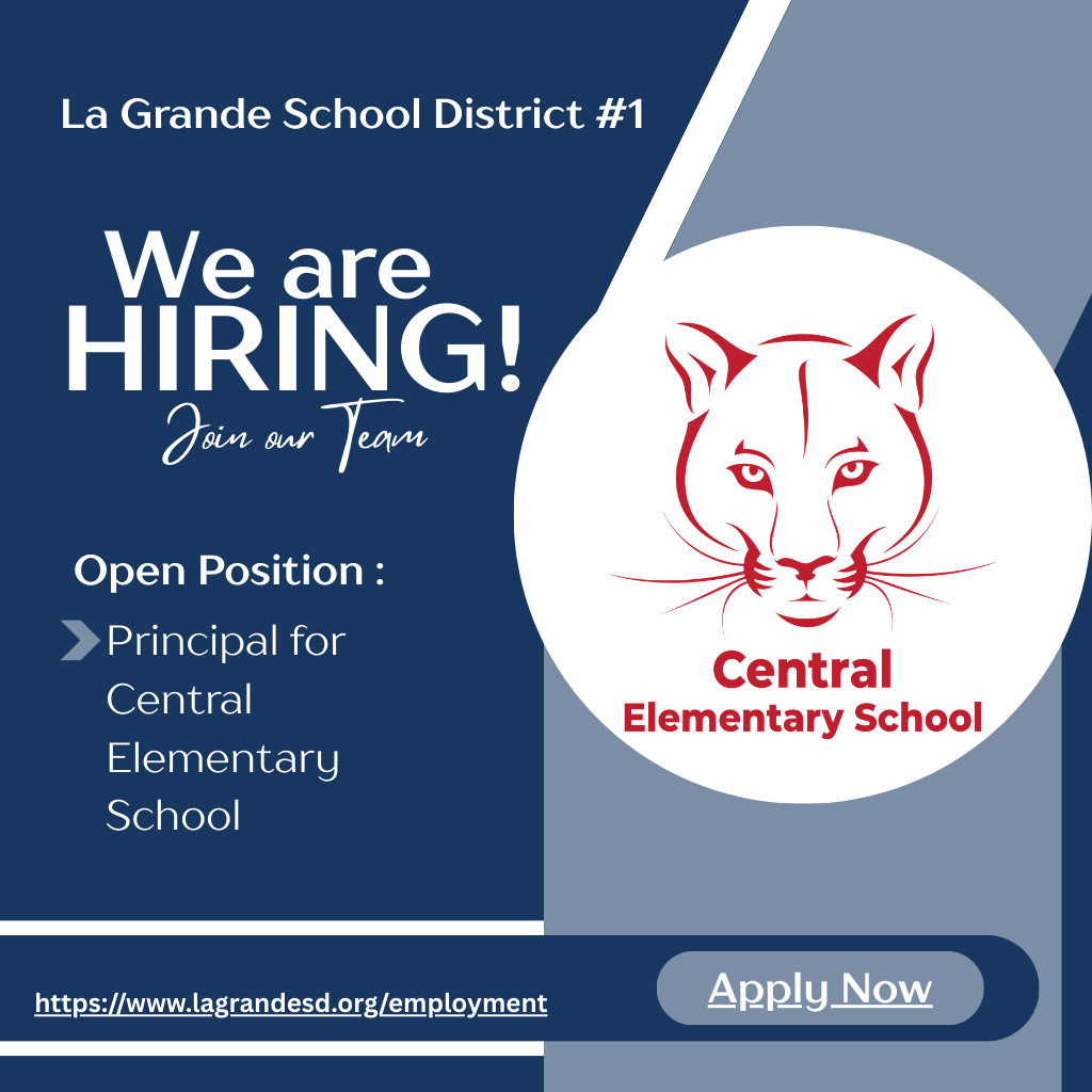 We are hiring a Principal at Central Elementary with image of Central Elementary School cougar in red