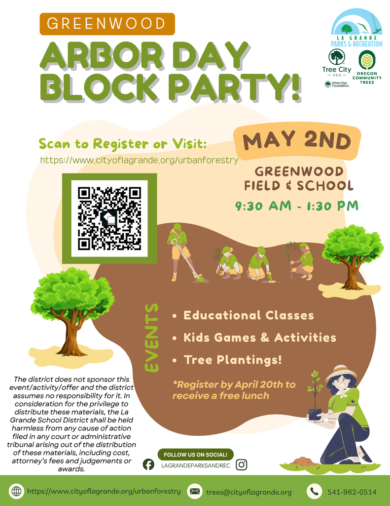 Arbor Day Block Party May 2nd at Greenwood School Field. image of trees and people planting trees