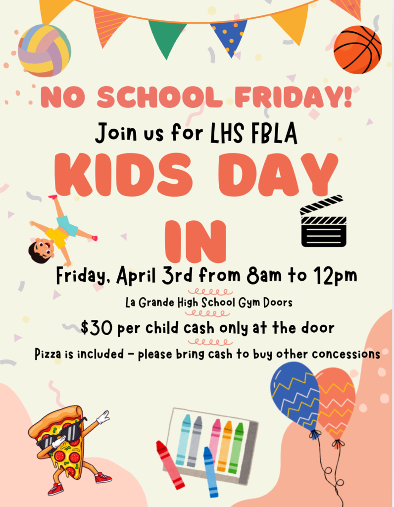 Kids Day in flyer with images of a kid doing a cartwhel, a movie clacker, a piece of pizza, crayons and balloons