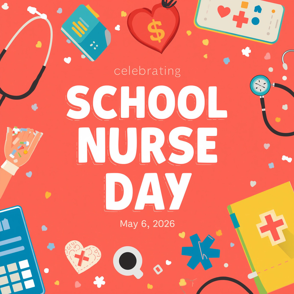 Facebook post image celebrating School Nurse Day May 6, 2026, featuring appreciation for school nurses, medical symbols like stethoscope or first aid cross, warm and caring atmosphere