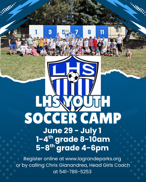 photo of student athletes in front of soccer kicking wall with text about the upcoming LHS Youth Soccer Camp