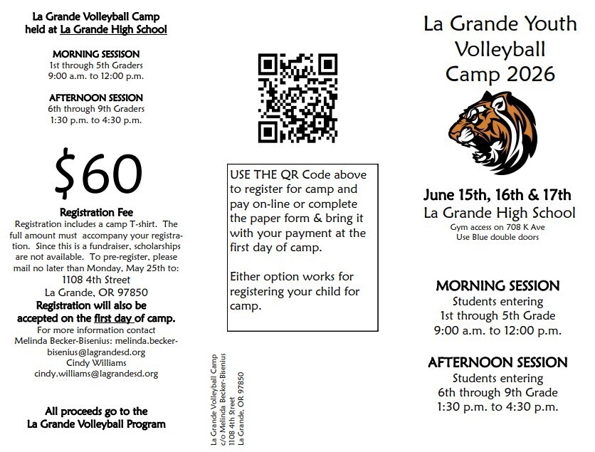 Image of LG Tiger and text about the La Grande Volleyball Camp