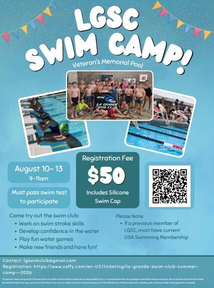 phosos of students swimming, standing by a pool and diving for a race. Text about LGSC swim camp.
