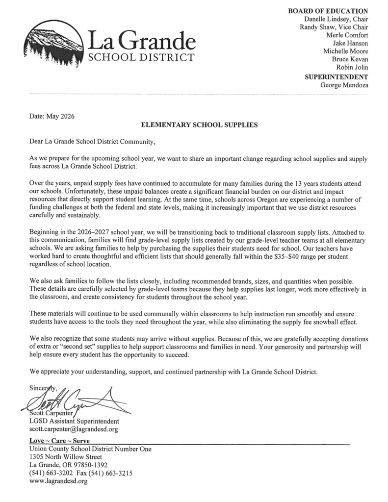 Letter regarding elementary supply lists for 2026/27