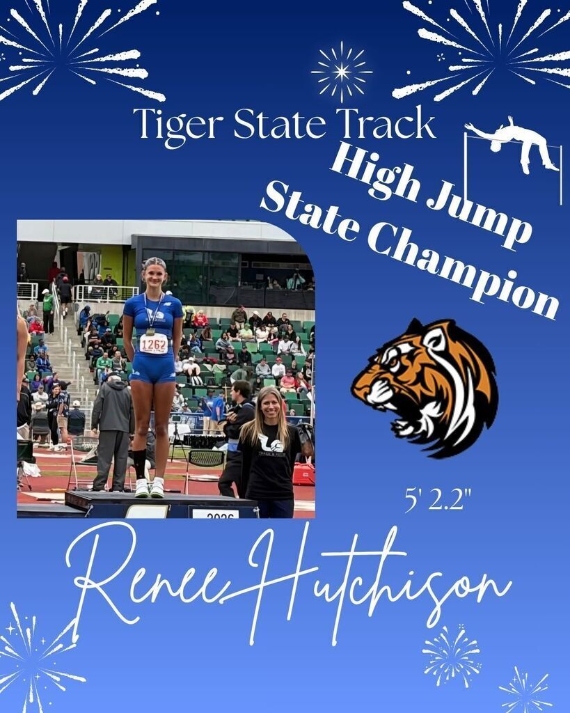 Photo of Renee Hutchison on the podium with her coach at State Track, with text about her accomplishments