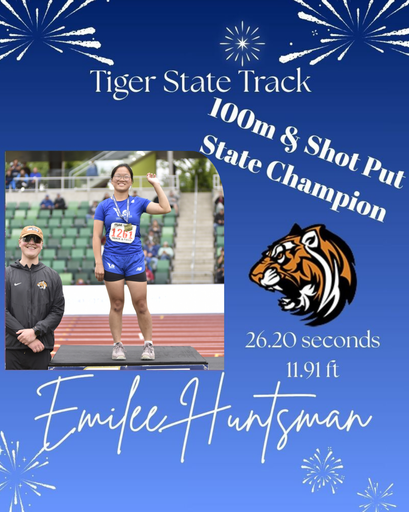 Photo of Emilee Huntsman on the podium with her coach at State Track, with text about her accomplishments