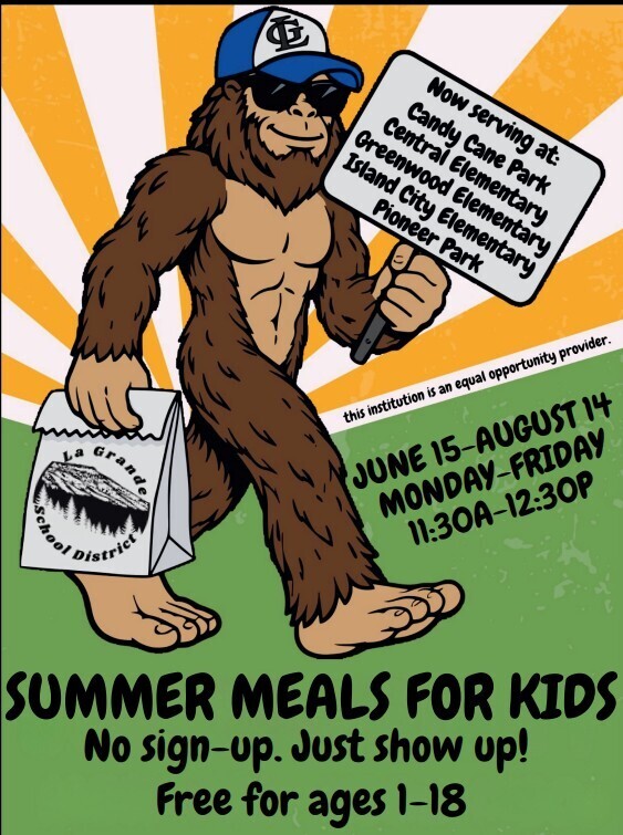 yeti wearing an LG hat and carrying a sack lunch with text about free lunches for kids