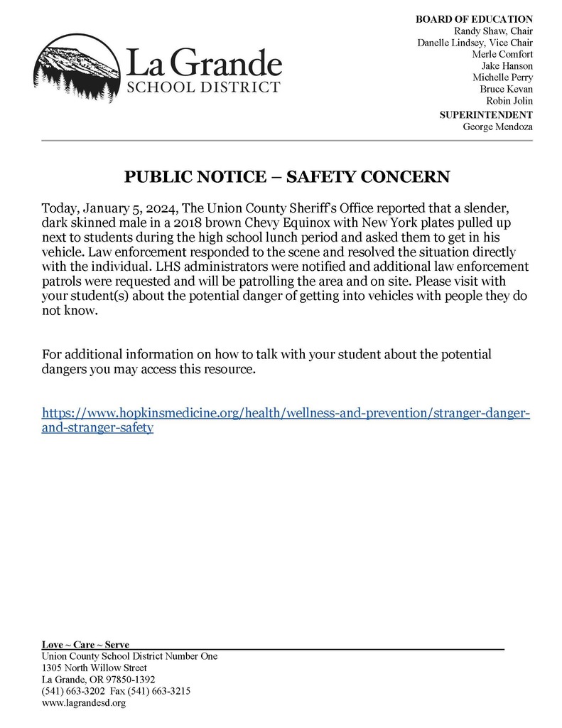 PUBLIC NOTICE - SAFETY CONCERN on LGSD letterhead with image of Mt Emily