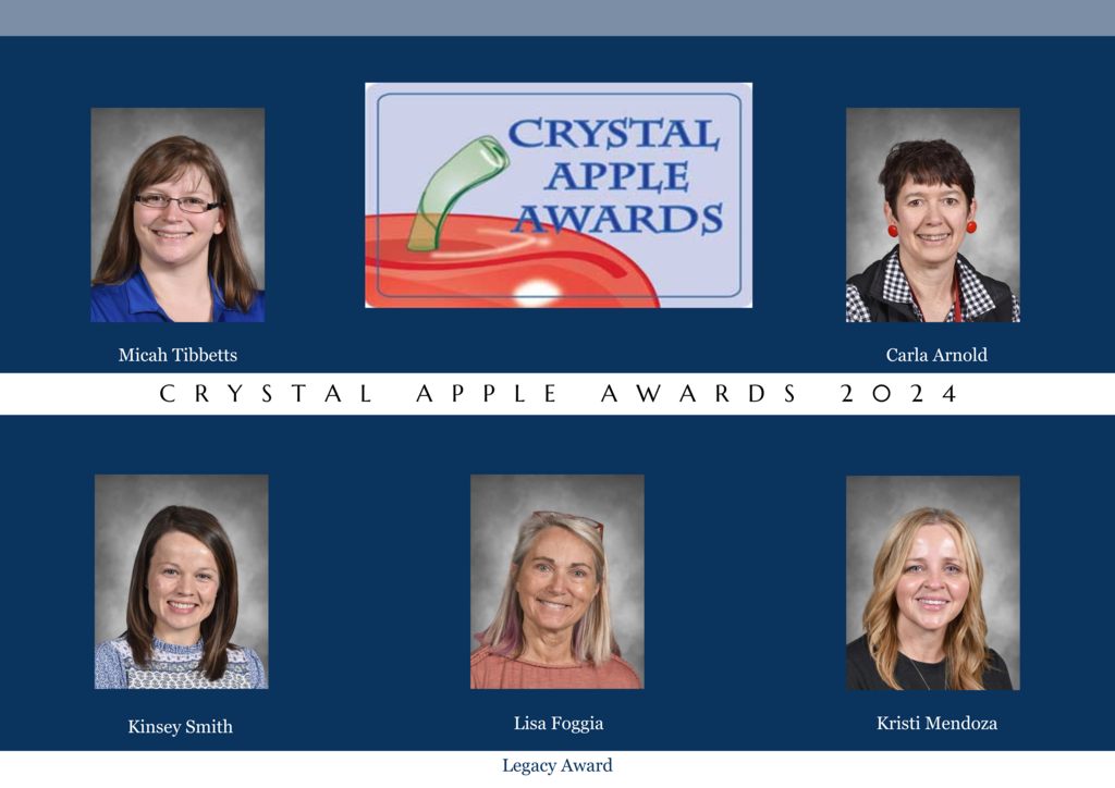 Crystal Apple Awards logo with apple and photos of all five award winners