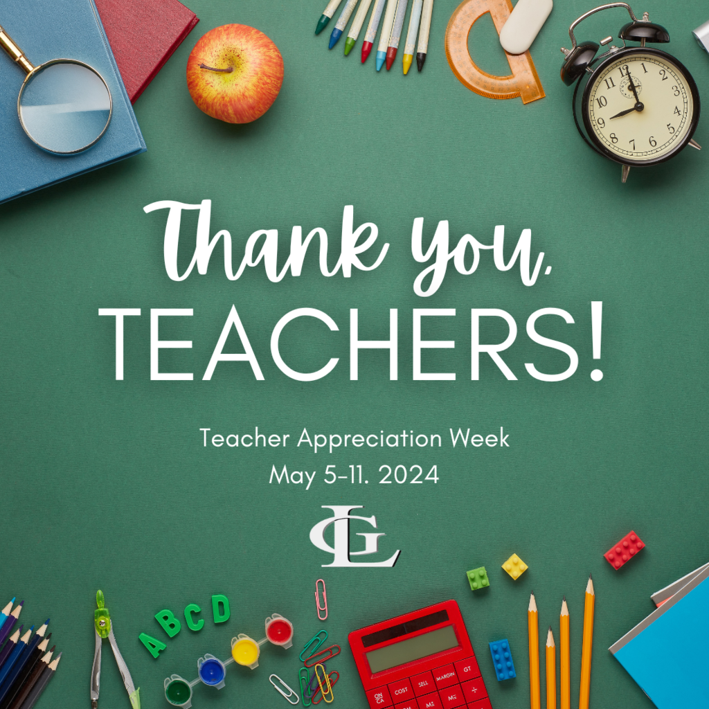 Thank you teachers in text with date of may 5-11. Images of school related items, an alarm clock, pencils, compass, magnifying glass and apple
