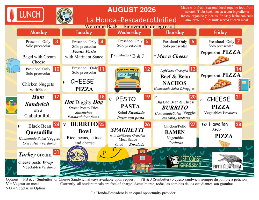 August 2026 Lunch Menu