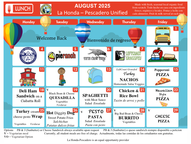August 2025 Lunch Menu