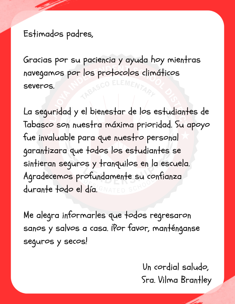Thank you parents - inclement weather Spanish