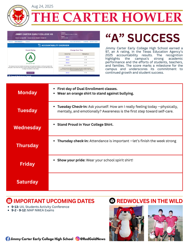 Newsletter titled “The Carter Howler” with a RedWolf logo. Headline reads “A Success” highlighting Jimmy Carter Early College High School’s A rating (97) in the TEA 2025 accountability results. Below, a weekly schedule lists spirit days and check-ins: Monday—wear orange shirt, Tuesday—mental health check-in, Wednesday—college shirt day, Thursday—attendance check-in, Friday—school spirit shirt. Bottom includes important dates (UIL Conference, MAP Exams) and photos of RedWolves students and mascot.