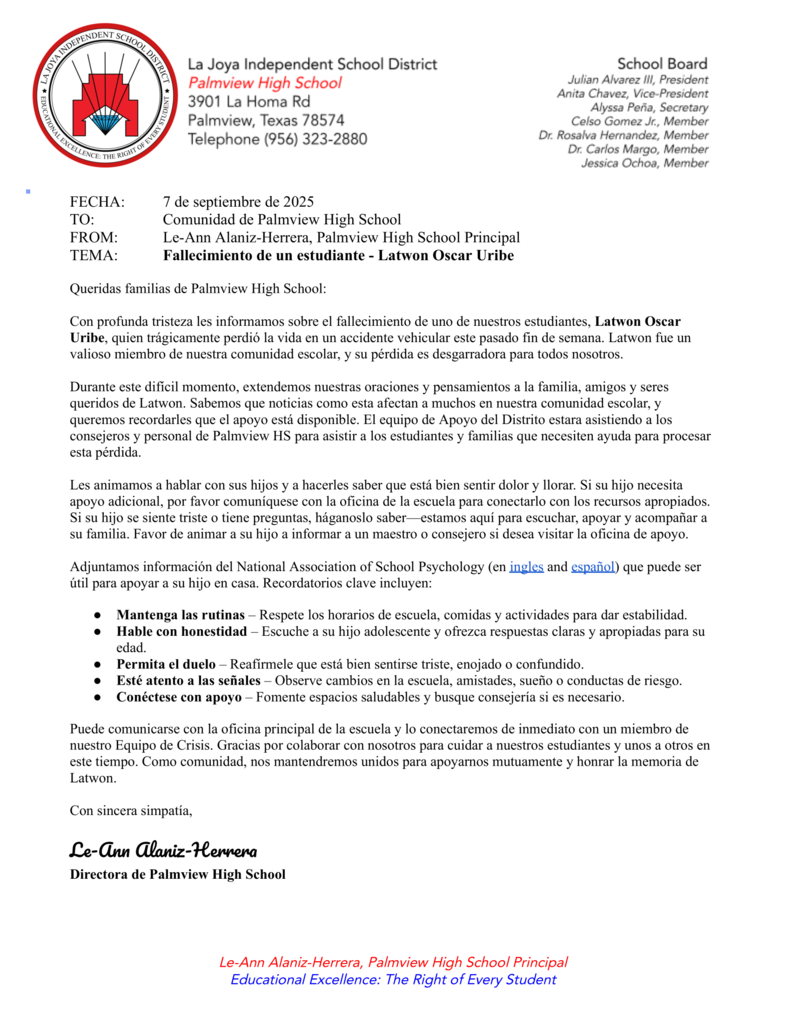 Letter to School Community
