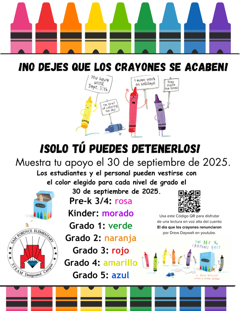📅 ¡Aparta la fecha! El 30 de septiembre celebramos El Día en que los Crayones Renunciaron! 🎉 Viste el color de tu grado y diviértete: Pre-K: Rosa | Kinder: Morado | 1ro: Verde | 2do: Naranja | 3ro: Rojo | 4to: Amarillo | 5to: Azul